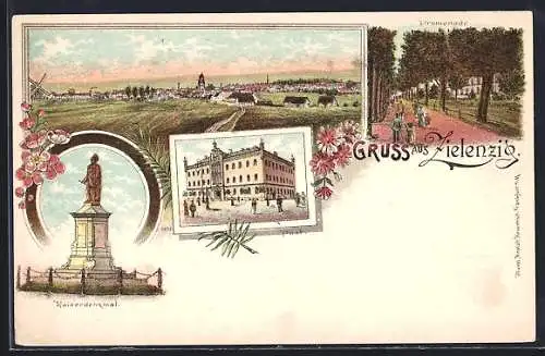 Lithographie Zielenzig, Kaiserdenkmal, Post und Promenade