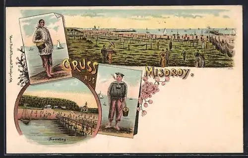 Lithographie Misdroy, Seesteg, Strandbad und Urlauber