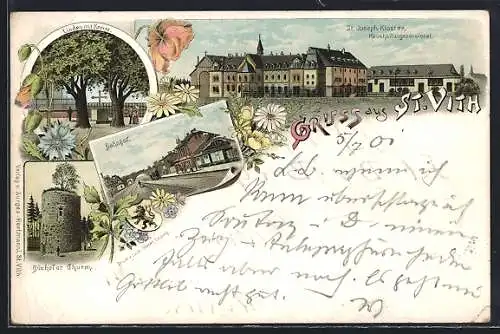 Lithographie St. Vith, Bahnhof, Bücheler Turm, Linden mit Kreuz, St. Joseph Kloster