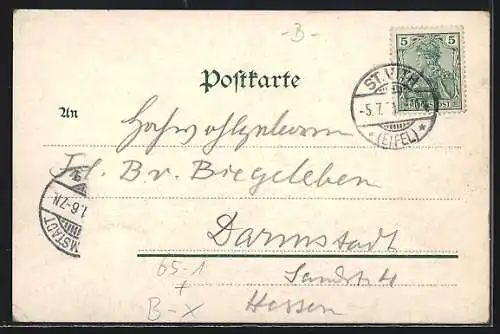 Lithographie St. Vith, Bahnhof, Bücheler Turm, Linden mit Kreuz, St. Joseph Kloster