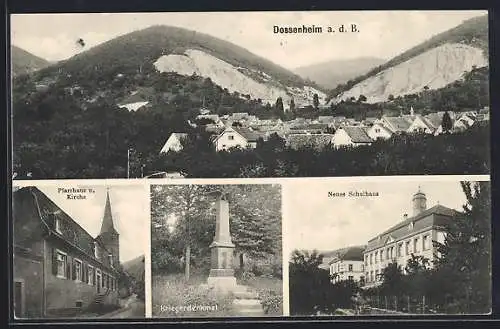 AK Dossenheim a. d. B., Pfarrhaus und Kirche, Kriegerdenkmal, Neues Schulhaus