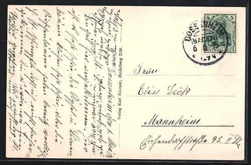 AK Dossenheim a. d. B., Pfarrhaus und Kirche, Kriegerdenkmal, Neues Schulhaus