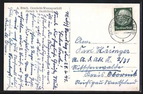 AK Malsch b. Heidelberg, Gemischtwaren-Geschäft von A. Rösch, Letzenberg-Kapelle, Kriegerdenkmal