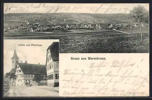 AK Warmbronn, Kirche und Pfarrhaus, Ortsansicht mit Umgebung