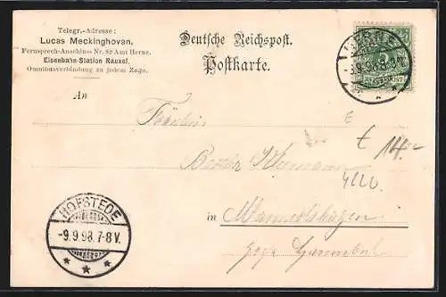 Lithographie Meckinghoven, Schiffshebewerk am Dortmund-Ems-Kanal, Gasthaus Herm. Lucas