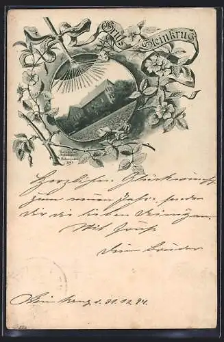 Vorläufer-AK Boffzen, 1894, Gasthof zum Steinkrug, gerahmt von Obstbaumzweigen