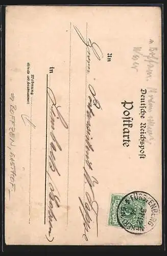 Vorläufer-AK Boffzen, 1894, Gasthof zum Steinkrug, gerahmt von Obstbaumzweigen