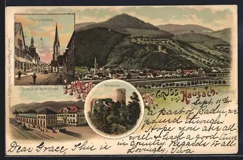 Lithographie Hausach, Hauptstrasse, Bahnhof mit Bahnhof-Hotel, Schlossruine