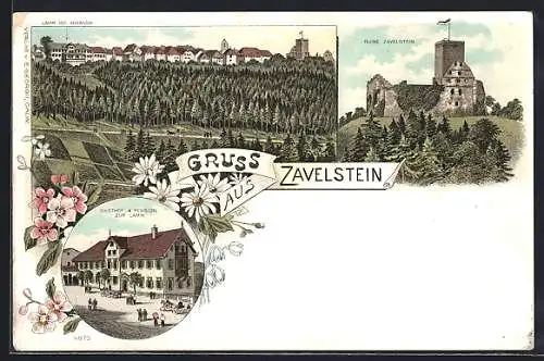 Lithographie Zavelstein, Gasthof-Pension zum Lamm, Ruine, Totalansicht