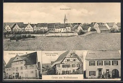 AK Wolfenhausen / Neustetten, Gasthaus zur Krone, Spezereihandlung H. Bökle, Rathaus, Totalansicht