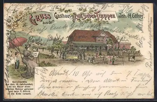 Lithographie Benthe, Gasthaus zum sieben Trappen v. H. Göhns, Strassenbahn davor