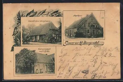 AK Kl. Burgwedel, Geschäftshaus Riechelmann, Schulhaus und Gasthof Fr. Hilke