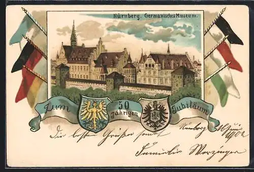 Lithographie Nürnberg, Festpostkarte zum 50-jähr. Jubiläum, Germanisches Museum