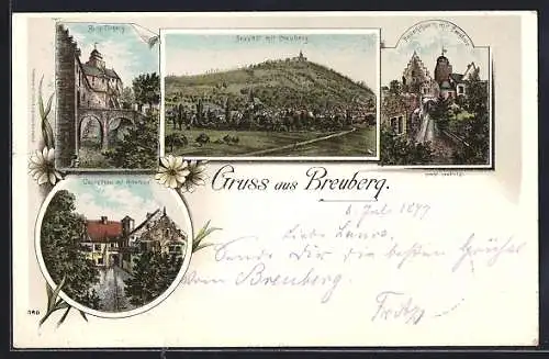 Lithographie Neustadt /Odenwald, Burg Breuberg, Hexenturm