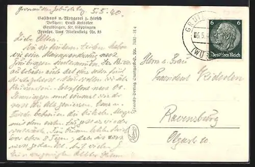 AK Gruibingen /Göppingen, Gasthaus und Metzgerei z. Hirsch v. Ernst Krissler, Totalansicht