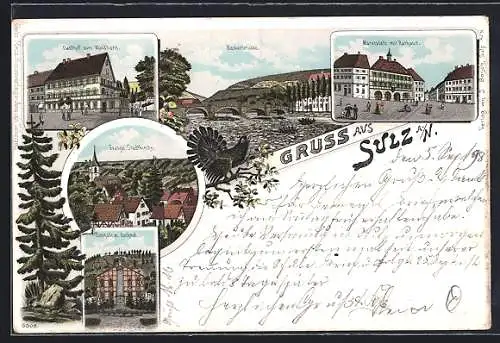 Lithographie Sulz a. N., Gasthof zum Waldhorn, Turnhalle m. Denkmal, Neckarbrücke