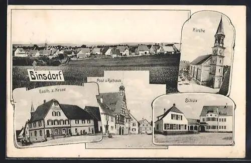 AK Binsdorf, Gasthaus zur Krone, Post & Rathaus, Kirche, Schule