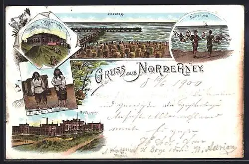 Lithographie Norderney, Seehospiz, Wilhelmshöhe, Badefrauen am Strand