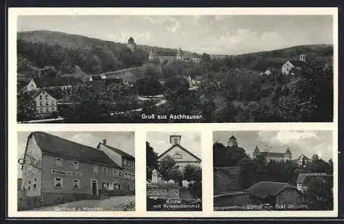 AK Aschhausen / Jagst, Gasthaus zum Hirschen, Schloss v. Graf Zeppelin, Kirche m. Kriegerdenkmal, Gesamtansicht