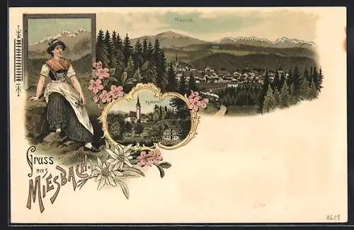 Lithographie Miesbach, Kirche Agadaried, Totalansicht