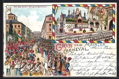 Lithographie Mainz, Mainzer Carneval, Der Zug passiert die Ludwigstrasse, Narrhalla mit Podium