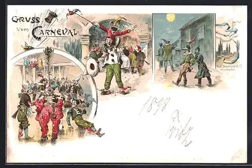 Lithographie Mainz, Carneval, Clown balanciert Pfauenfeder, Betrunkene auf dem Heimweg, Clown mit Narr auf den Schultern