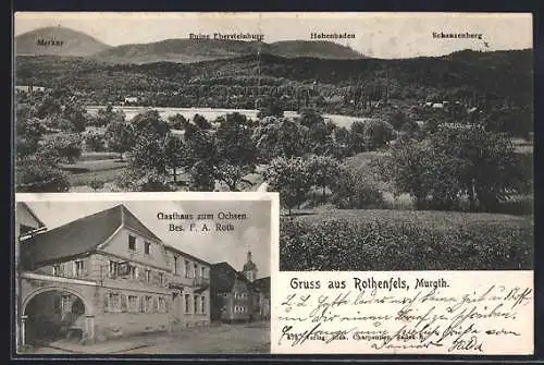 AK Rothenfels / Baden, Gasthaus zum Ochsen F. A. Roth, Panorama mit Merkur, Ebersteinburg, Hohenbaden und Schanzenberg