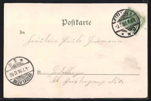 Lithographie Ettlingen, Gasthof zur Sonne von M. Knab, Unteroffiziersschule, Grossherzog. Lehrer-Seminar