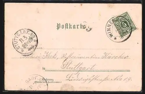 Lithographie Winnenden, Panorama, Marktbrunnen und Hauptstrasse, Paulinenpflege, Heil- und Pflegeanstalt