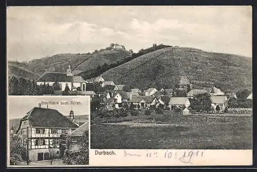 AK Durbach, Gasthaus zum Ritter, Gesamtansicht mit Bergpanorama