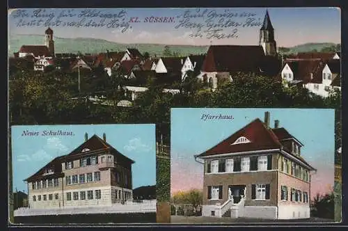 AK Klein-Süssen, Pfarrhaus, Neues Schulhaus, Ortspanorama mit Kirchen