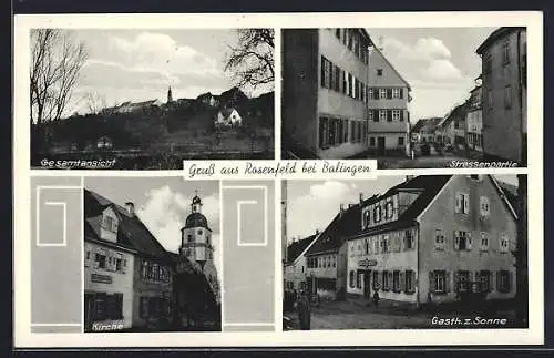 AK Rosenfeld / Württ., Gasthaus zur Sonne, Strassenpartie, Kirche, Gesamtansicht
