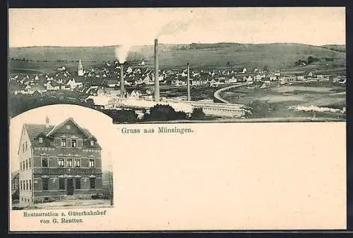 AK Münsingen, Restaurant zum Güterbahnhof, Ortsansicht mit Fabrik