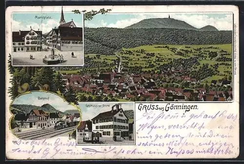 Lithographie Gönningen, Gasthaus zur Krone, Marktplatz, Bahnhof