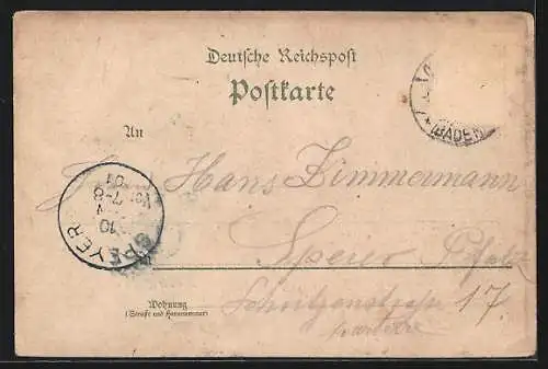 Lithographie Oberkirch / Baden, Gasthof Zum schwarzen Adler, Teilansicht, Paar in Tracht