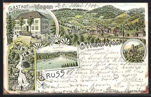 Lithographie Ottenhöfen, Gasthof zum Wagen, Mummelsee, Edelfrauen-Grab, Brigitten-Schloss