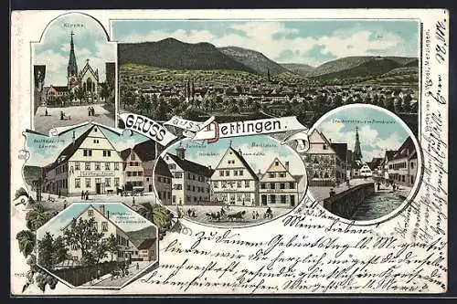 Lithographie Dettingen / Erms, Gasthaus zum Löwen, Gasthaus zur Krone, Uracherstrasse mit Ermsbrücke, Marktplatz, Kirche