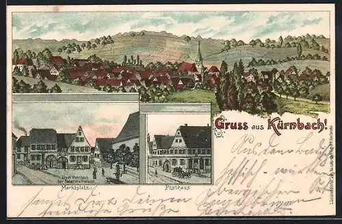 Lithographie Kürnbach / Baden, Ehem. Wohnhaus der Seherin v. Prevorst, Marktplatz, Posthaus