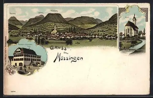 Lithographie Mössingen, Gasthaus zum Schwanen, Kirche und Totalansicht