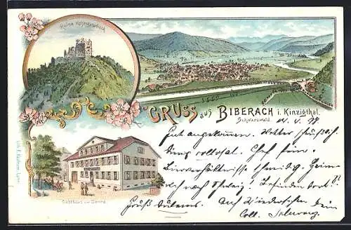 Lithographie Biberach i. Kinzigthal, Gasthaus zur Sonne, Ruine Hohengeroldseck, Totalansicht