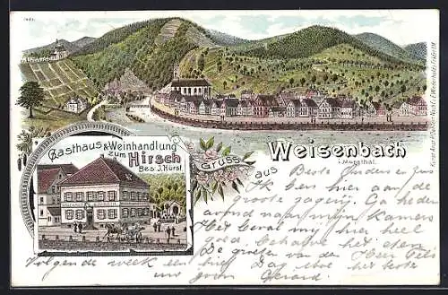 Lithographie Weisenbach i. Murgthal, Gasthaus zum Hirsch v. J. Hürst, Ortsansicht am Fluss