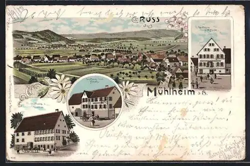 Lithographie Mühlheim a. B., Gasthaus zum Rössle, Gasthaus zum Lamm, Gasthaus zum Hirsch und Totalansicht