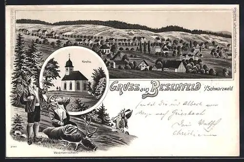 Lithographie Besenfeld i. Schwarzwald, Kirche und Totalansicht, Jäger mit erlegtem Hirsch