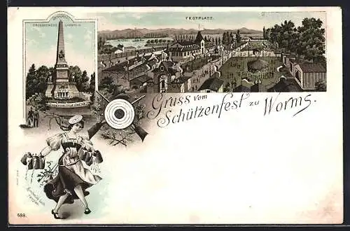 Lithographie Worms, Schützenfest, Festplatz und Denkmal Grossherzog Ludwig IV.