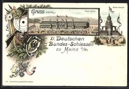 Lithographie Mainz, XI. Deutsches Bundes-Schiessen 1894, Gabentempel, Fest-Halle
