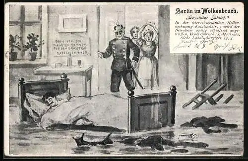 Künstler-AK Berlin-Kreuzberg, Wolkenbruch 1902, Gesunder Schlaf in der Katzbachstrasse 5