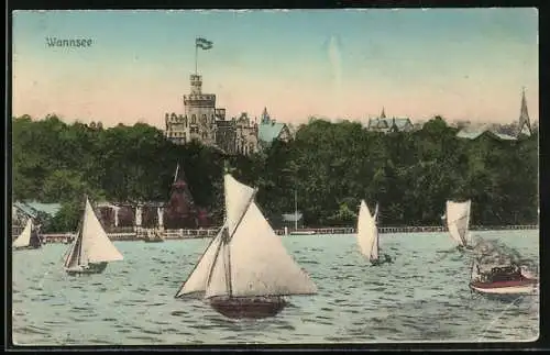 AK Berlin-Wannsee, Wasserpartie mit Booten und Gasthaus