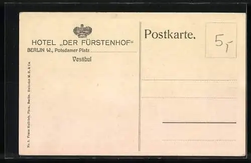 AK Berlin-Tiergarten, Hotel Der Fürstenhof, Potsdamer Platz, Vestibul