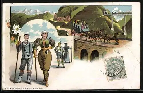 Lithographie Postkutsche fährt über ein Viadukt, Bergsteiger, Edelweiss, Eisenbahn