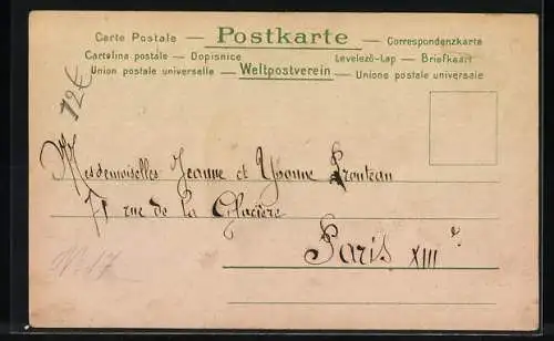 Lithographie Postkutsche fährt über ein Viadukt, Bergsteiger, Edelweiss, Eisenbahn